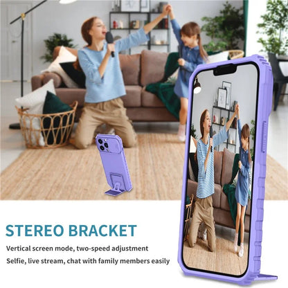 For iPhone 13 Pro 6.1 inch Camera Slider Design Adjustable Vertical Kickstand Phone Case PC + TPU Protective Cover