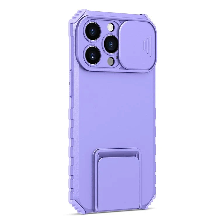 For iPhone 13 Pro 6.1 inch Camera Slider Design Adjustable Vertical Kickstand Phone Case PC + TPU Protective Cover