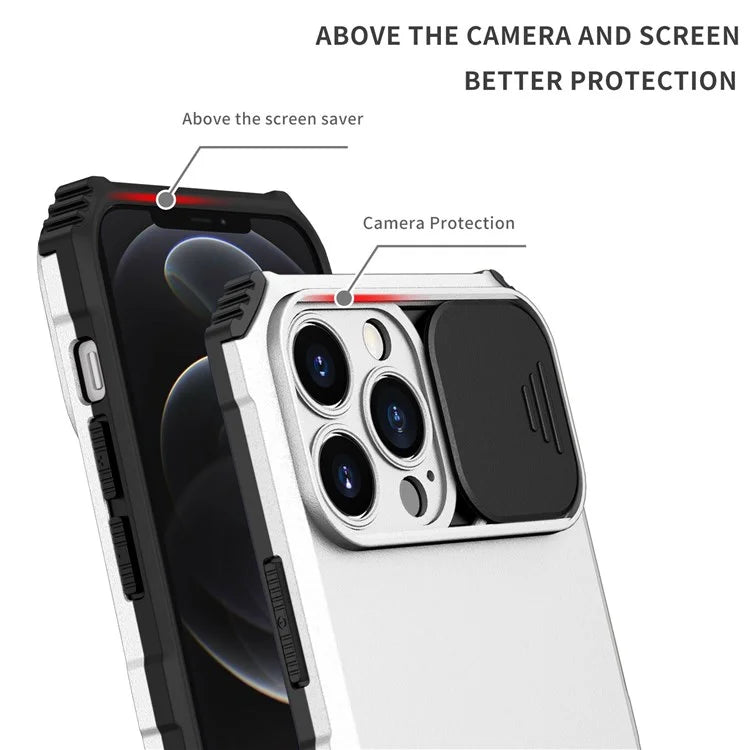 For iPhone 12 Pro Max 6.7 inch Two Angle Adjustment Vertical Kickstand PC + TPU Phone Case with Camera Sliding Cover
