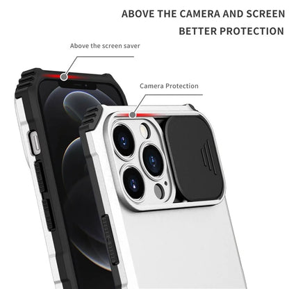 For iPhone 12 Pro Max 6.7 inch Two Angle Adjustment Vertical Kickstand PC + TPU Phone Case with Camera Sliding Cover