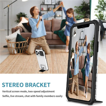 For iPhone 12 Pro Max 6.7 inch Two Angle Adjustment Vertical Kickstand PC + TPU Phone Case with Camera Sliding Cover