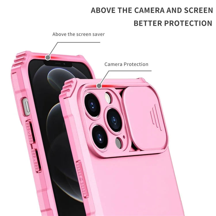 For iPhone 12 Pro Max 6.7 inch Two Angle Adjustment Vertical Kickstand PC + TPU Phone Case with Camera Sliding Cover