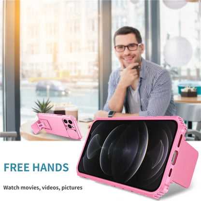 For iPhone 12 Pro Max 6.7 inch Two Angle Adjustment Vertical Kickstand PC + TPU Phone Case with Camera Sliding Cover