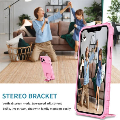 For iPhone 12 Pro Max 6.7 inch Two Angle Adjustment Vertical Kickstand PC + TPU Phone Case with Camera Sliding Cover