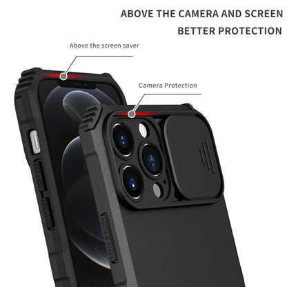 For iPhone 12 Pro Max 6.7 inch Two Angle Adjustment Vertical Kickstand PC + TPU Phone Case with Camera Sliding Cover