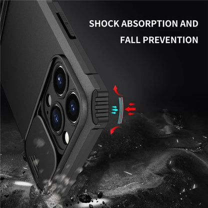 For iPhone 12 Pro Max 6.7 inch Two Angle Adjustment Vertical Kickstand PC + TPU Phone Case with Camera Sliding Cover