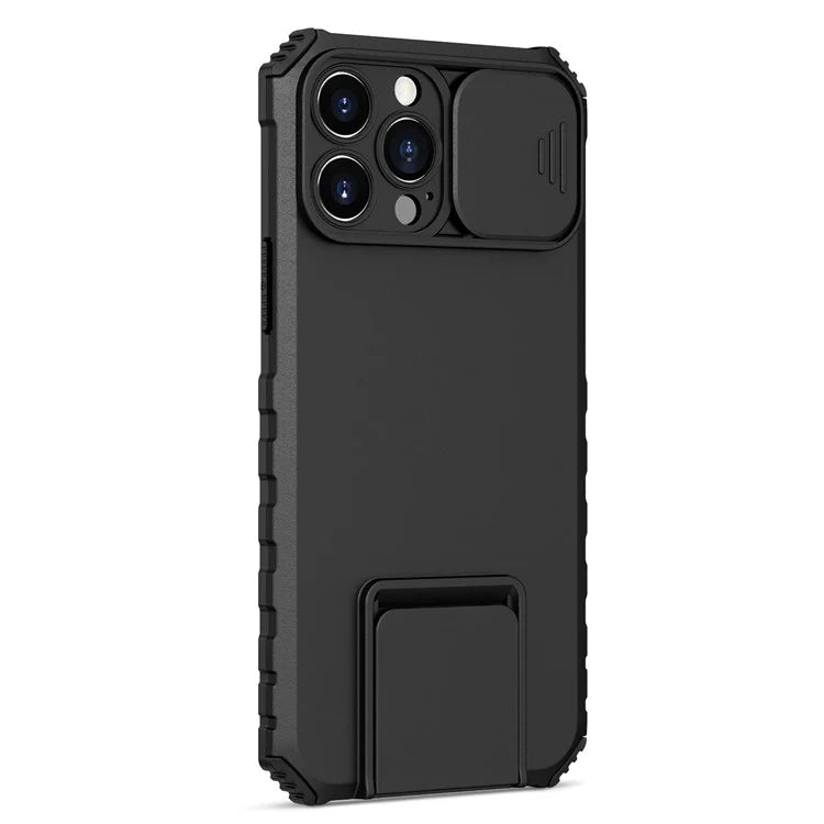 For iPhone 12 Pro Max 6.7 inch Two Angle Adjustment Vertical Kickstand PC + TPU Phone Case with Camera Sliding Cover