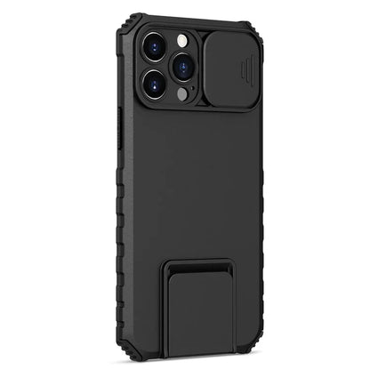 For iPhone 12 Pro Max 6.7 inch Two Angle Adjustment Vertical Kickstand PC + TPU Phone Case with Camera Sliding Cover