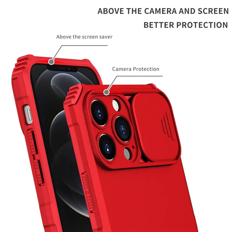 For iPhone 12 Pro Max 6.7 inch Two Angle Adjustment Vertical Kickstand PC + TPU Phone Case with Camera Sliding Cover