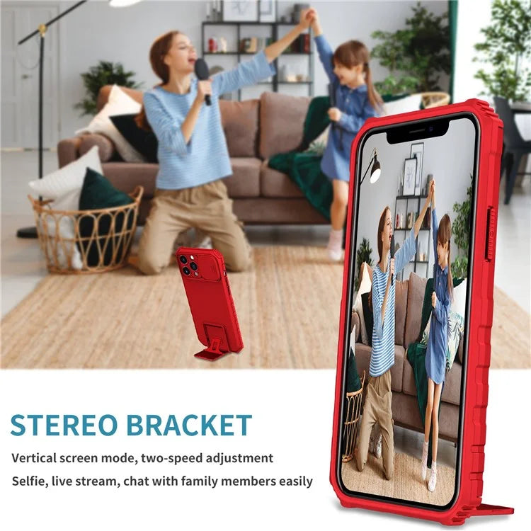 For iPhone 12 Pro Max 6.7 inch Two Angle Adjustment Vertical Kickstand PC + TPU Phone Case with Camera Sliding Cover