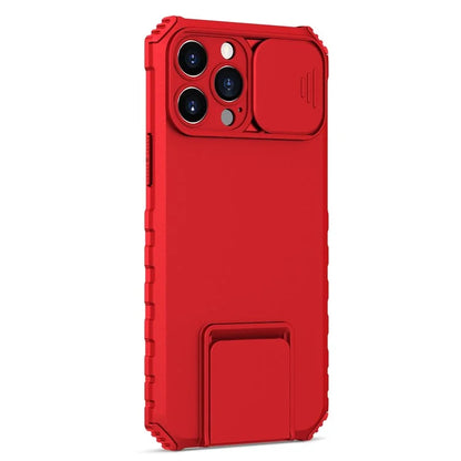 For iPhone 12 Pro Max 6.7 inch Two Angle Adjustment Vertical Kickstand PC + TPU Phone Case with Camera Sliding Cover