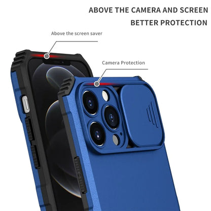 For iPhone 12 Pro Max 6.7 inch Two Angle Adjustment Vertical Kickstand PC + TPU Phone Case with Camera Sliding Cover