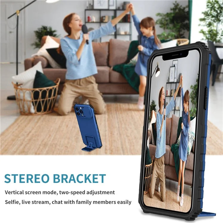 For iPhone 12 Pro Max 6.7 inch Two Angle Adjustment Vertical Kickstand PC + TPU Phone Case with Camera Sliding Cover