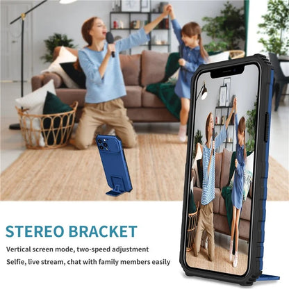 For iPhone 12 Pro Max 6.7 inch Two Angle Adjustment Vertical Kickstand PC + TPU Phone Case with Camera Sliding Cover