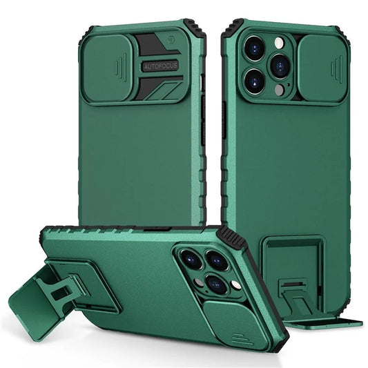 For iPhone 12 Pro Max 6.7 inch Two Angle Adjustment Vertical Kickstand PC + TPU Phone Case with Camera Sliding Coverish Green