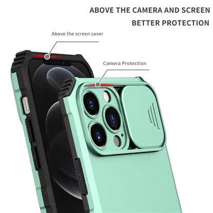 For iPhone 12 Pro Max 6.7 inch Two Angle Adjustment Vertical Kickstand PC + TPU Phone Case with Camera Sliding Cover