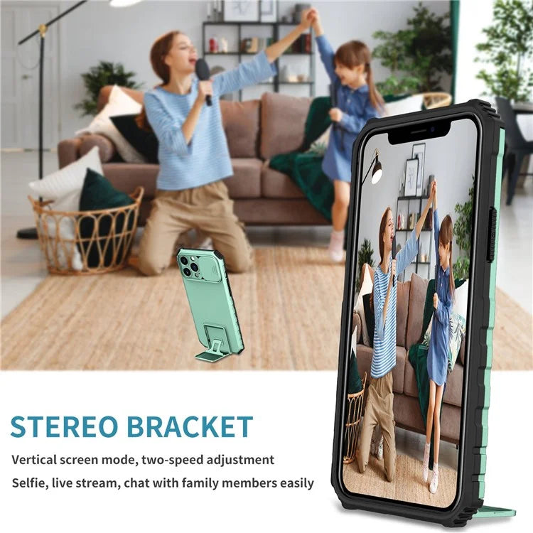 For iPhone 12 Pro Max 6.7 inch Two Angle Adjustment Vertical Kickstand PC + TPU Phone Case with Camera Sliding Cover