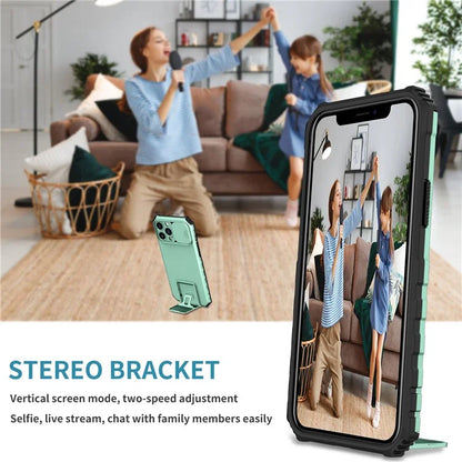 For iPhone 12 Pro Max 6.7 inch Two Angle Adjustment Vertical Kickstand PC + TPU Phone Case with Camera Sliding Cover