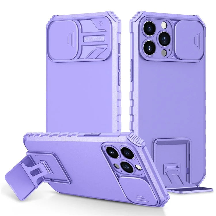 For iPhone 12 Pro Max 6.7 inch Two Angle Adjustment Vertical Kickstand PC + TPU Phone Case with Camera Sliding Cover