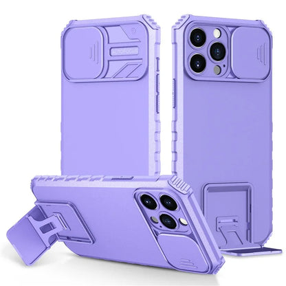 For iPhone 12 Pro Max 6.7 inch Two Angle Adjustment Vertical Kickstand PC + TPU Phone Case with Camera Sliding Cover