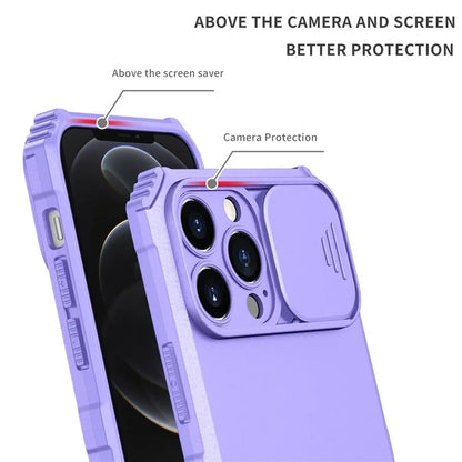 For iPhone 12 Pro Max 6.7 inch Two Angle Adjustment Vertical Kickstand PC + TPU Phone Case with Camera Sliding Cover