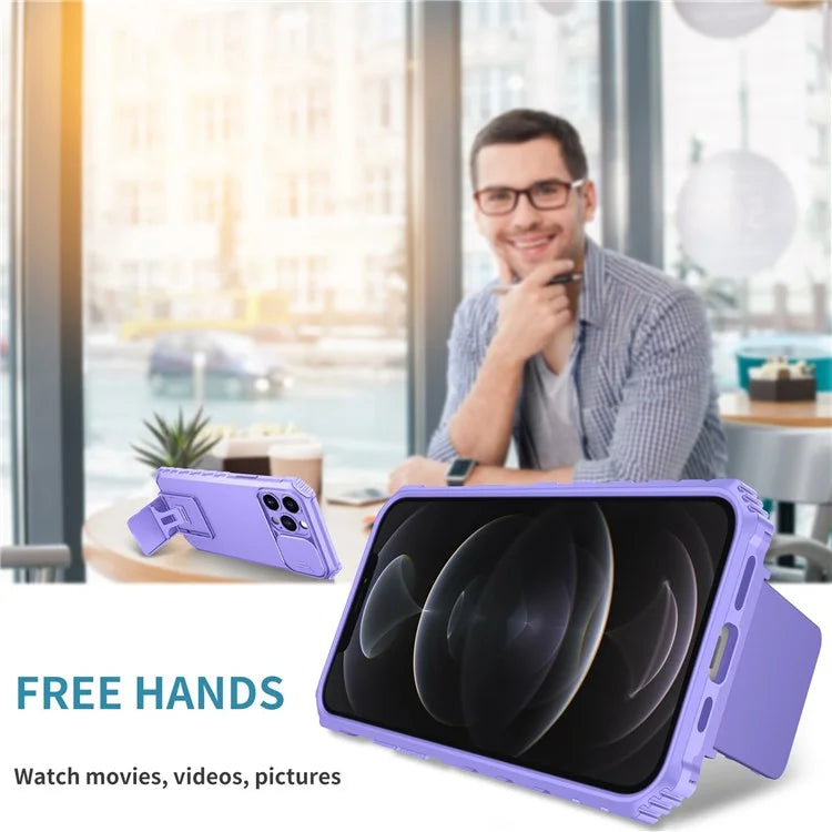 For iPhone 12 Pro Max 6.7 inch Two Angle Adjustment Vertical Kickstand PC + TPU Phone Case with Camera Sliding Cover