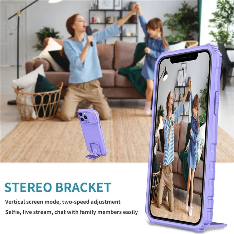 For iPhone 12 Pro Max 6.7 inch Two Angle Adjustment Vertical Kickstand PC + TPU Phone Case with Camera Sliding Cover