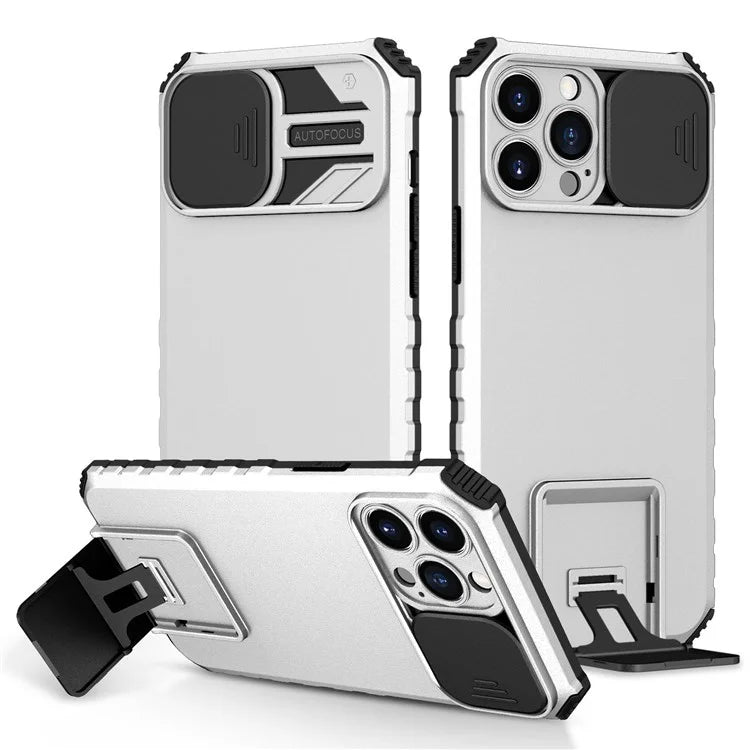 For iPhone 13 Pro Max 6.7 inch Adjustable Vertical Kickstand PC + TPU Case Camera Sliding Cover Phone Shell