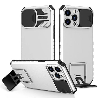 For iPhone 13 Pro Max 6.7 inch Adjustable Vertical Kickstand PC + TPU Case Camera Sliding Cover Phone Shell