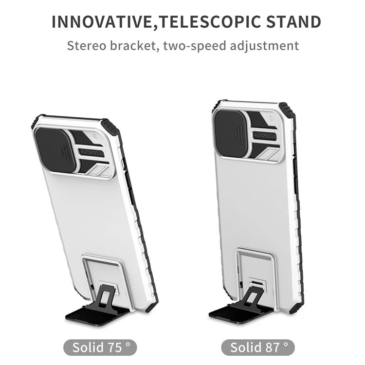 For iPhone 13 Pro Max 6.7 inch Adjustable Vertical Kickstand PC + TPU Case Camera Sliding Cover Phone Shell