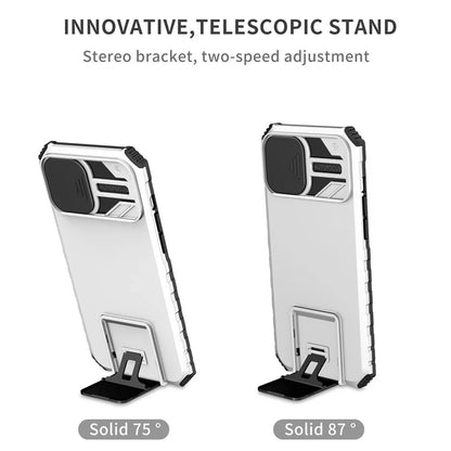 For iPhone 13 Pro Max 6.7 inch Adjustable Vertical Kickstand PC + TPU Case Camera Sliding Cover Phone Shell
