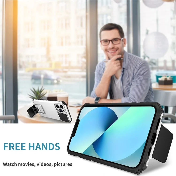 For iPhone 13 Pro Max 6.7 inch Adjustable Vertical Kickstand PC + TPU Case Camera Sliding Cover Phone Shell