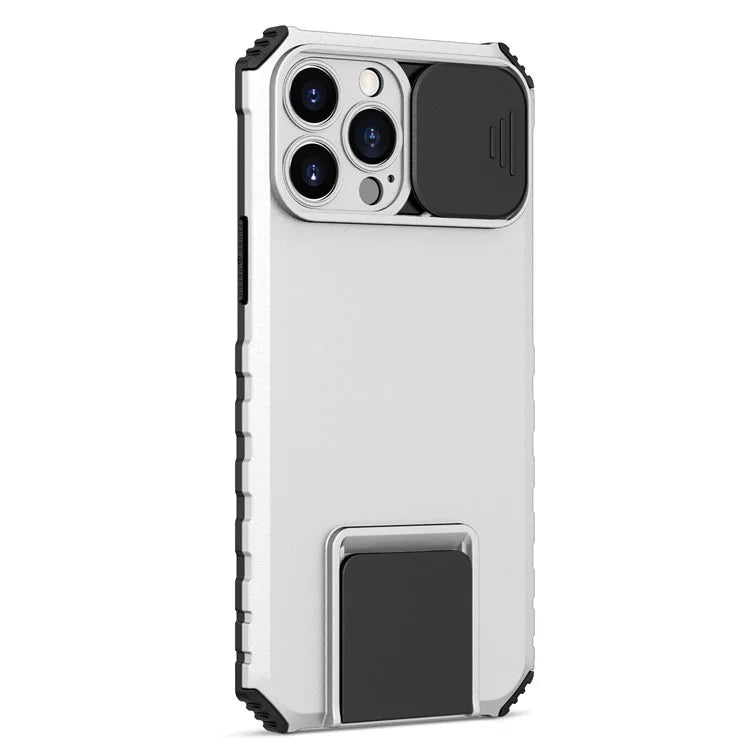 For iPhone 13 Pro Max 6.7 inch Adjustable Vertical Kickstand PC + TPU Case Camera Sliding Cover Phone Shell