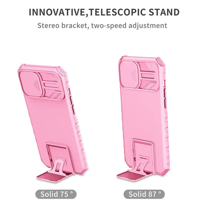 For iPhone 13 Pro Max 6.7 inch Adjustable Vertical Kickstand PC + TPU Case Camera Sliding Cover Phone Shell