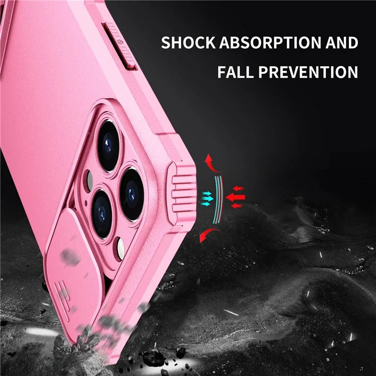 For iPhone 13 Pro Max 6.7 inch Adjustable Vertical Kickstand PC + TPU Case Camera Sliding Cover Phone Shell