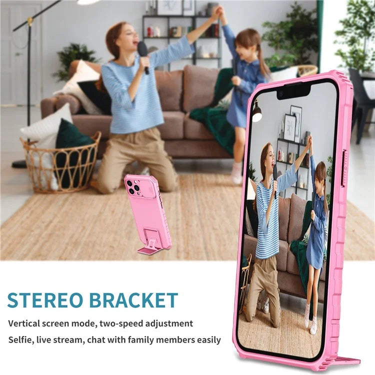 For iPhone 13 Pro Max 6.7 inch Adjustable Vertical Kickstand PC + TPU Case Camera Sliding Cover Phone Shell