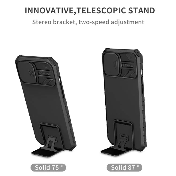 For iPhone 13 Pro Max 6.7 inch Adjustable Vertical Kickstand PC + TPU Case Camera Sliding Cover Phone Shell