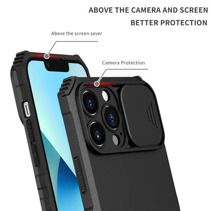 For iPhone 13 Pro Max 6.7 inch Adjustable Vertical Kickstand PC + TPU Case Camera Sliding Cover Phone Shell