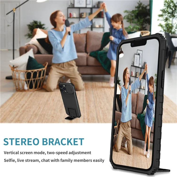 For iPhone 13 Pro Max 6.7 inch Adjustable Vertical Kickstand PC + TPU Case Camera Sliding Cover Phone Shell