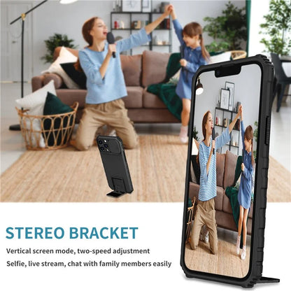 For iPhone 13 Pro Max 6.7 inch Adjustable Vertical Kickstand PC + TPU Case Camera Sliding Cover Phone Shell