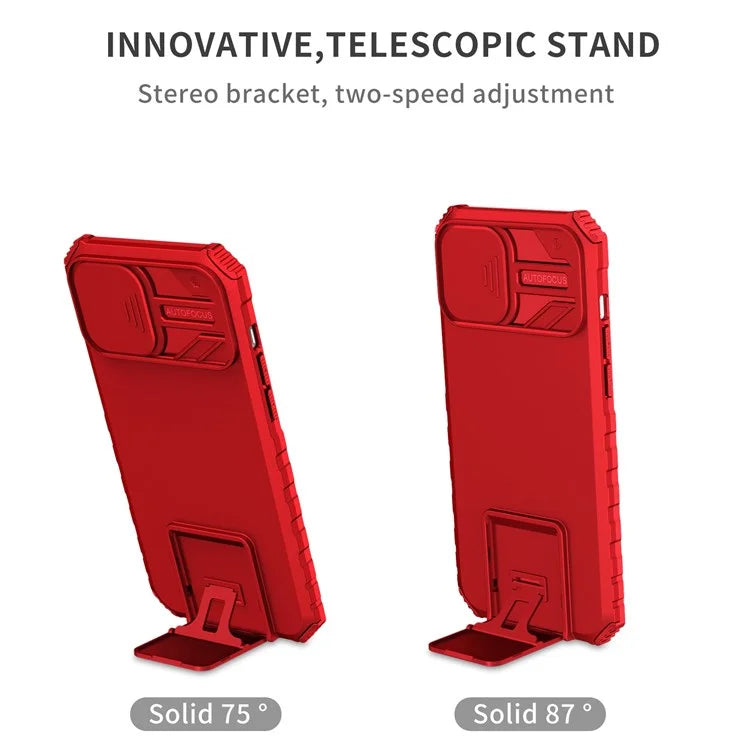 For iPhone 13 Pro Max 6.7 inch Adjustable Vertical Kickstand PC + TPU Case Camera Sliding Cover Phone Shell