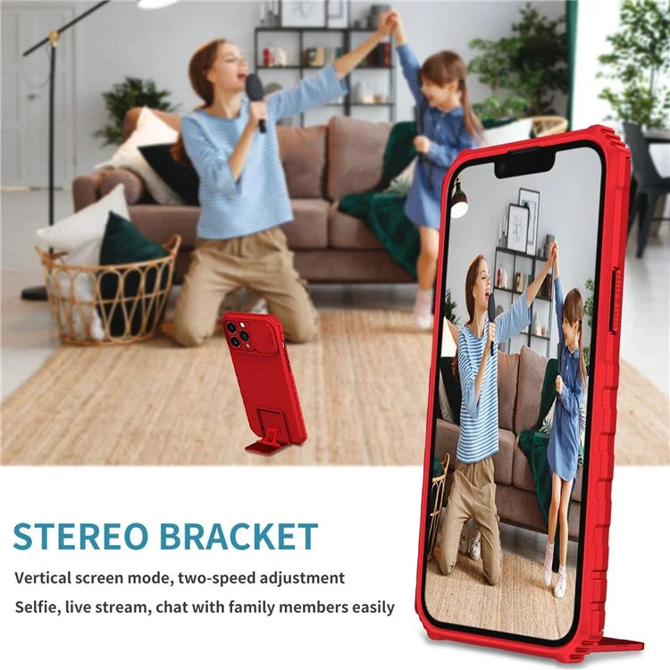 For iPhone 13 Pro Max 6.7 inch Adjustable Vertical Kickstand PC + TPU Case Camera Sliding Cover Phone Shell
