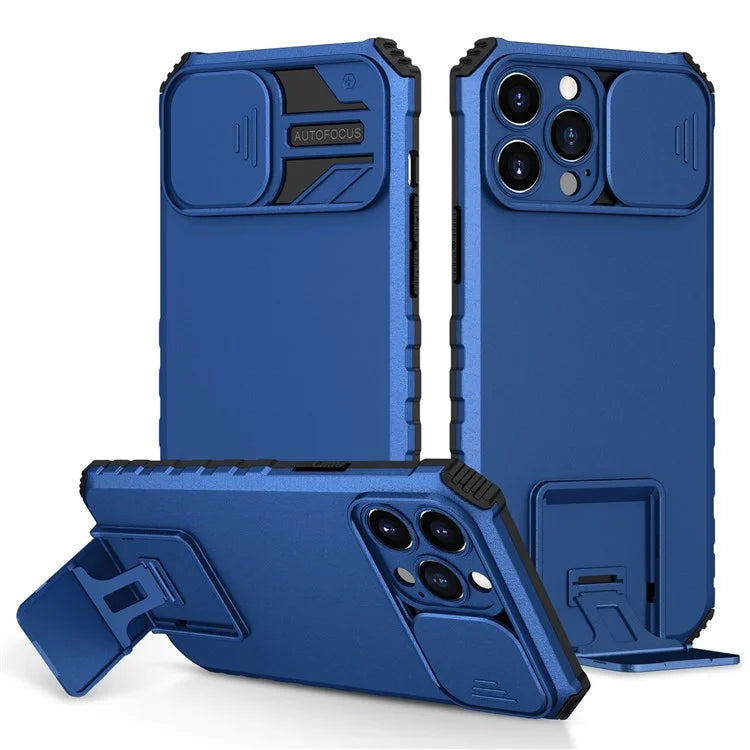 For iPhone 13 Pro Max 6.7 inch Adjustable Vertical Kickstand PC + TPU Case Camera Sliding Cover Phone Shell
