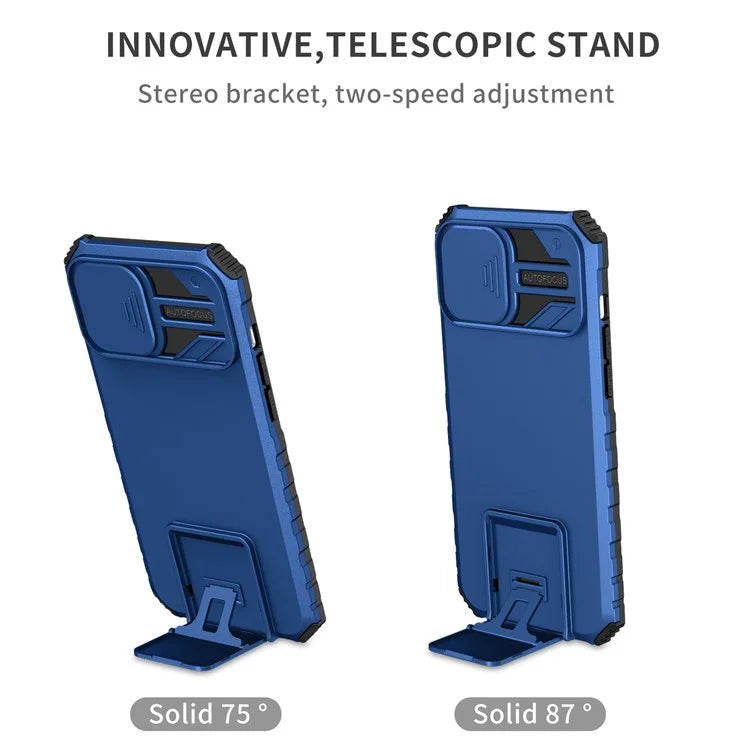 For iPhone 13 Pro Max 6.7 inch Adjustable Vertical Kickstand PC + TPU Case Camera Sliding Cover Phone Shell