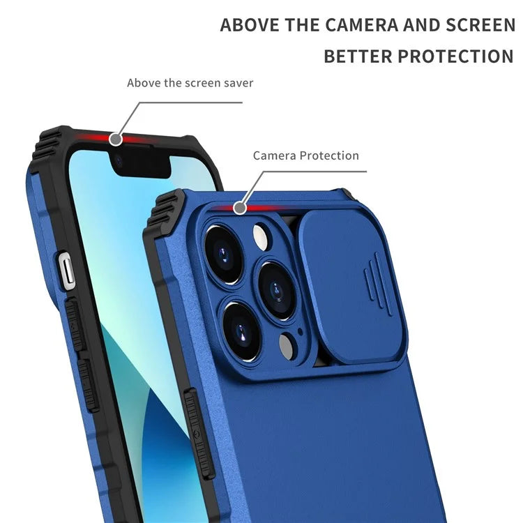 For iPhone 13 Pro Max 6.7 inch Adjustable Vertical Kickstand PC + TPU Case Camera Sliding Cover Phone Shell