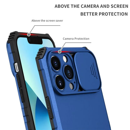For iPhone 13 Pro Max 6.7 inch Adjustable Vertical Kickstand PC + TPU Case Camera Sliding Cover Phone Shell