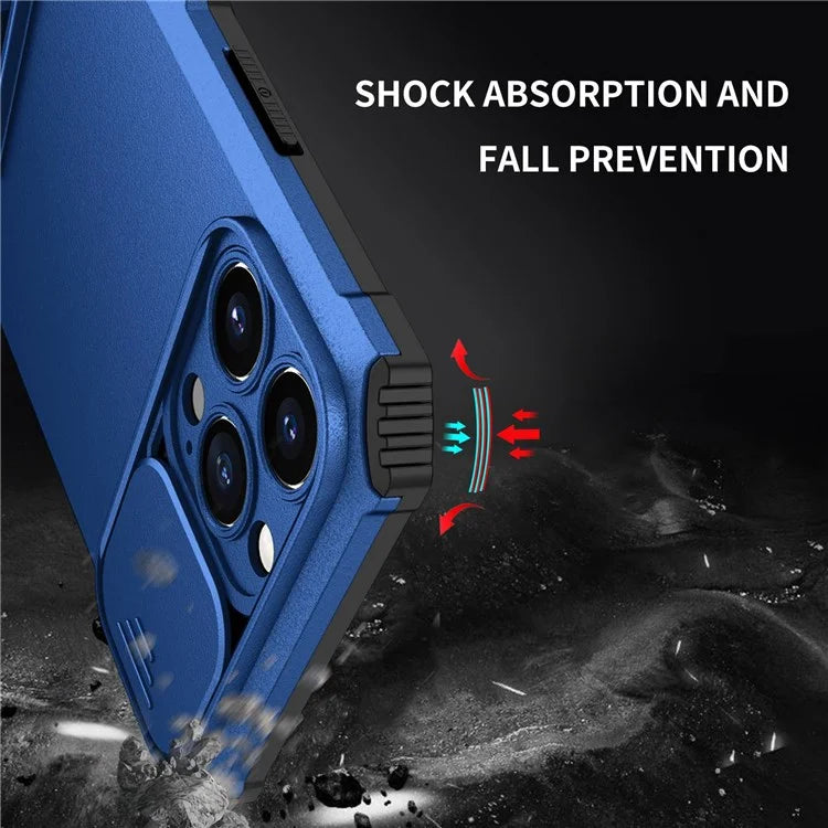 For iPhone 13 Pro Max 6.7 inch Adjustable Vertical Kickstand PC + TPU Case Camera Sliding Cover Phone Shell