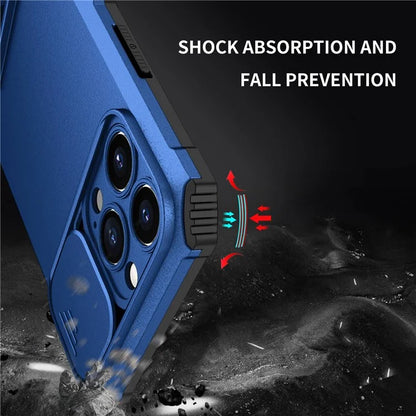 For iPhone 13 Pro Max 6.7 inch Adjustable Vertical Kickstand PC + TPU Case Camera Sliding Cover Phone Shell