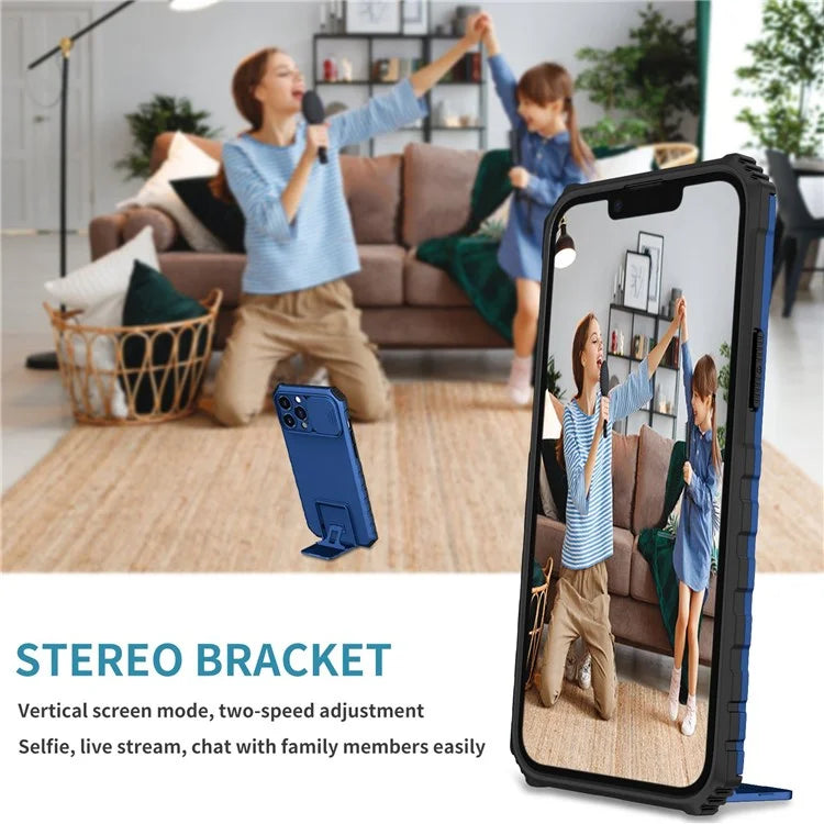 For iPhone 13 Pro Max 6.7 inch Adjustable Vertical Kickstand PC + TPU Case Camera Sliding Cover Phone Shell