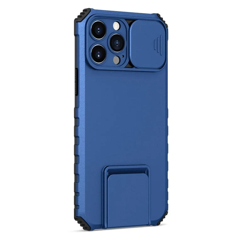 For iPhone 13 Pro Max 6.7 inch Adjustable Vertical Kickstand PC + TPU Case Camera Sliding Cover Phone Shell
